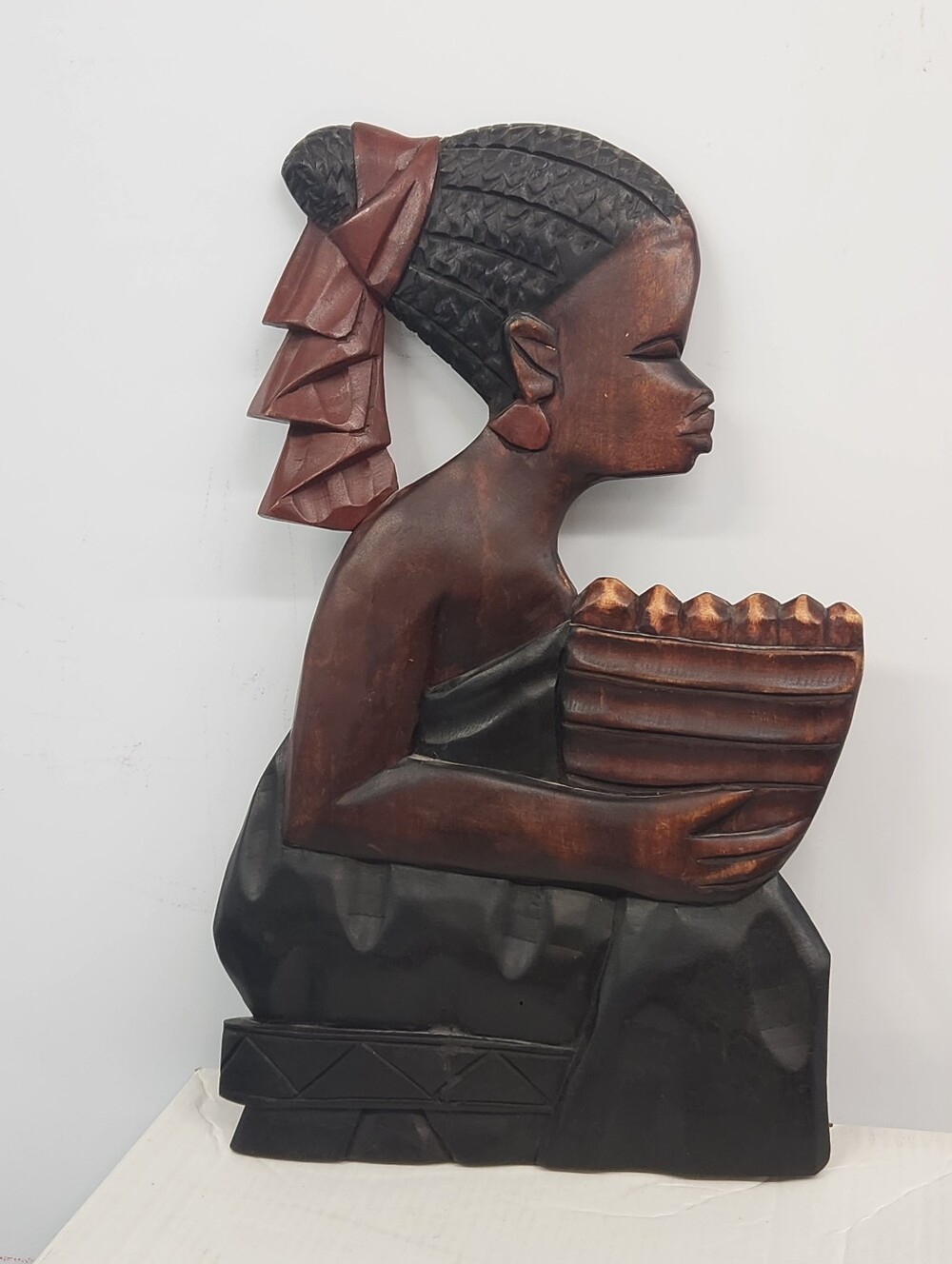 African Woman with Basket Wood Wall Art piece Made in GHANA